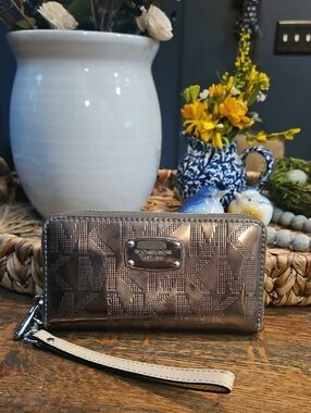 Michael Kors Metallic Bronze Logo Wristlet Wallet with Cream Strap